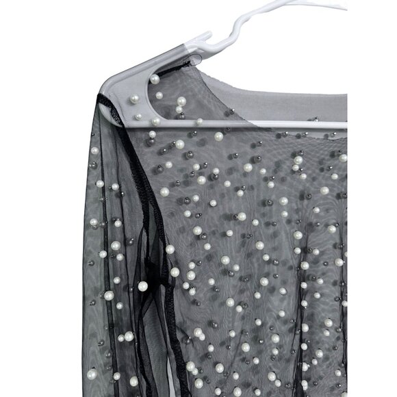Pearl embellished sheet mesh long sleeve top edgy coquette size S - Picture 3 of 4